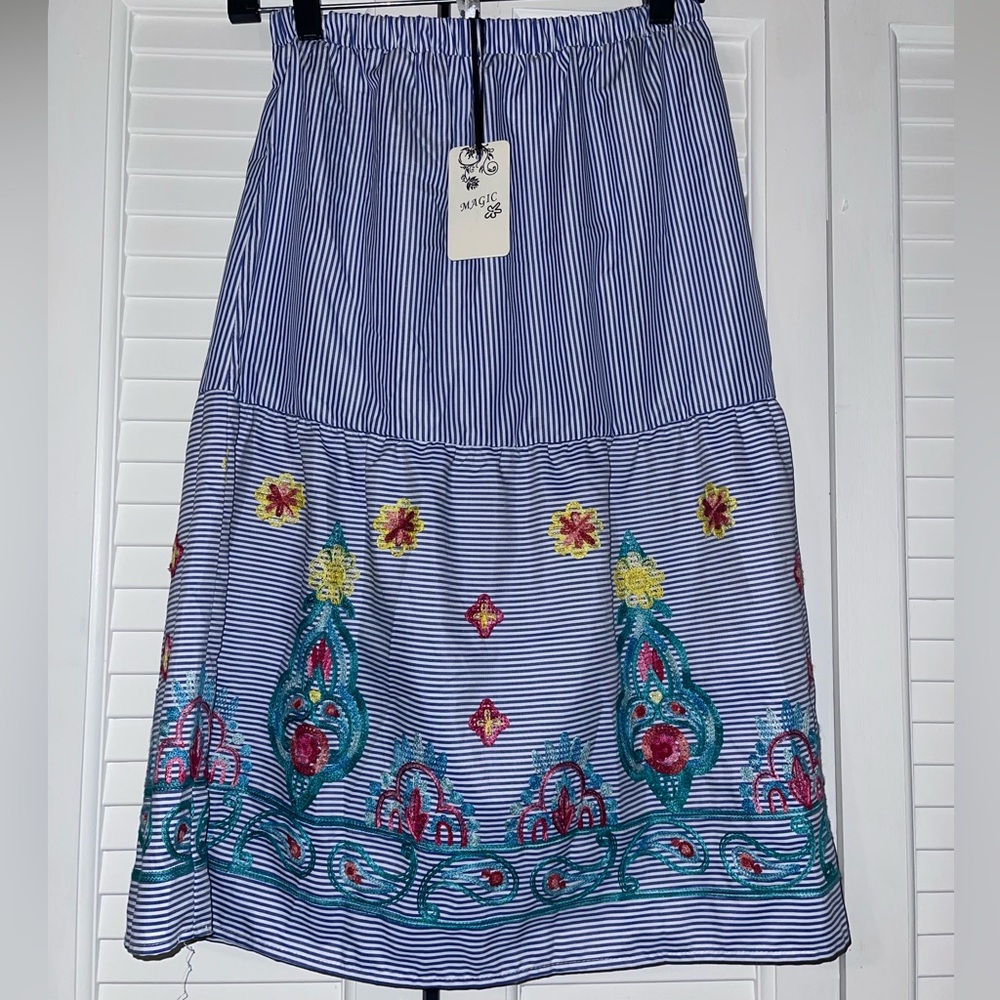 Magic Blue Striped Maxi Skirt with Floral Embroidery